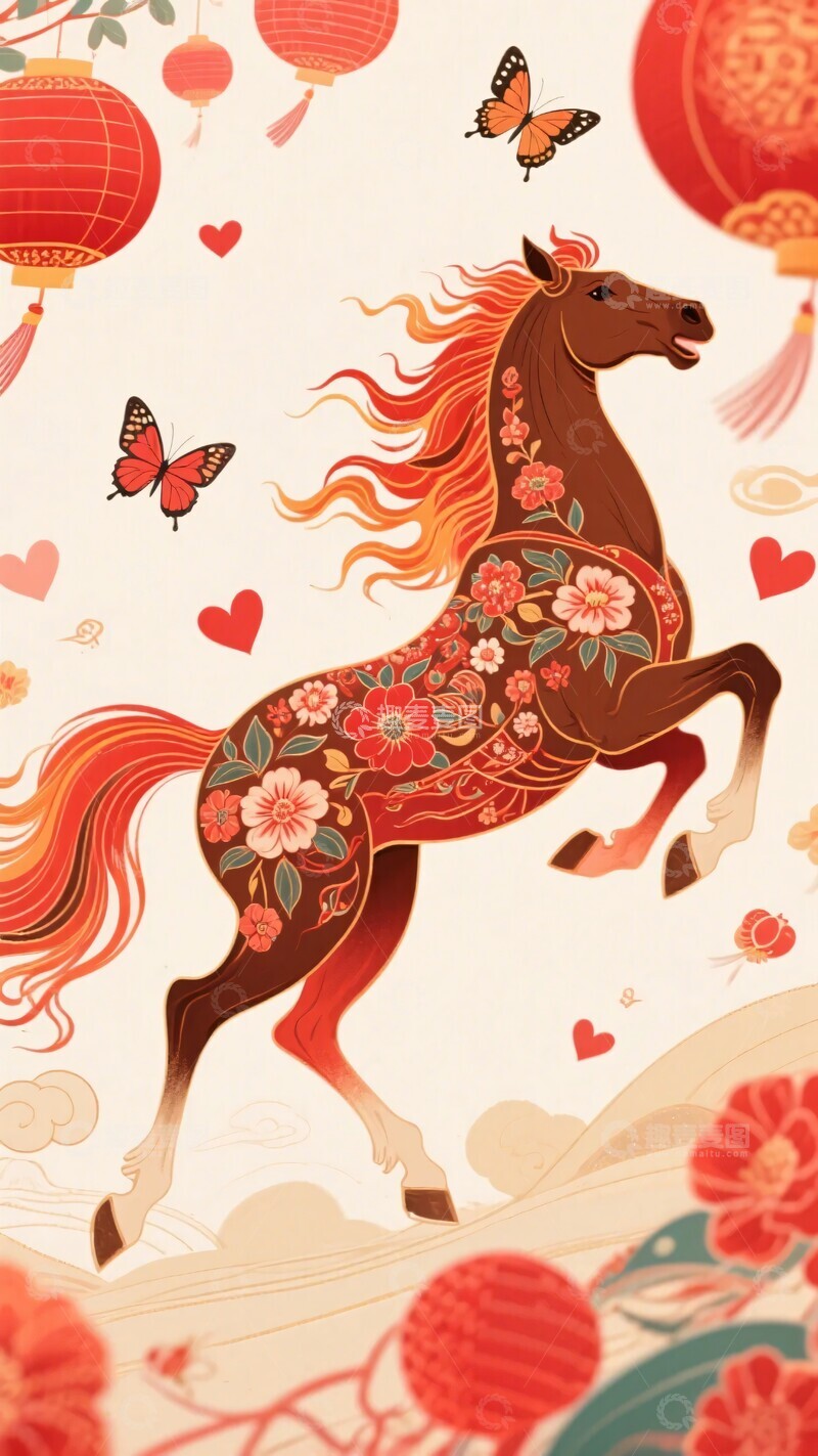 高清大图下载【趣麦麦图】-中式繁花骏马喜庆插画793