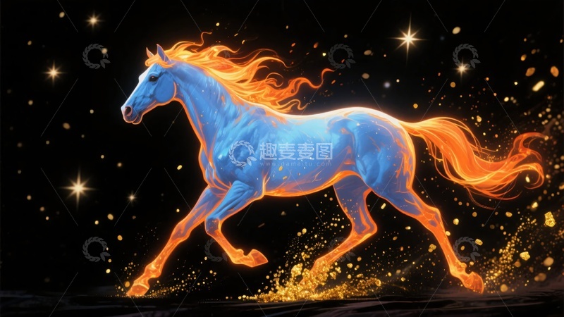 高清大图下载【趣麦麦图】-发光蓝马奔腾插画761