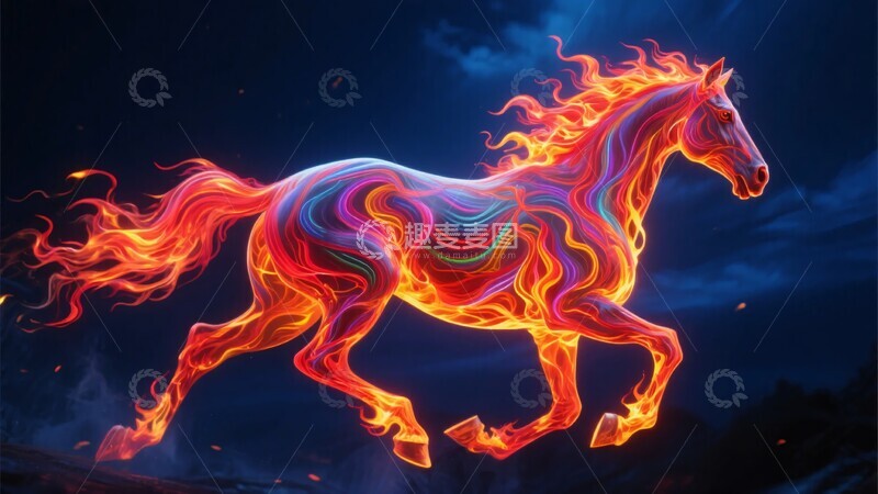 高清大图下载【趣麦麦图】-炫彩火焰奔腾骏马插画583