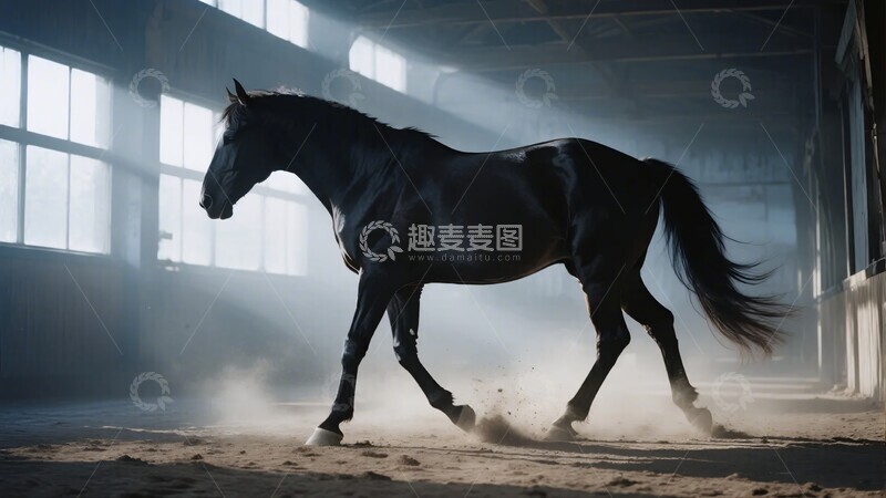 高清大图下载【趣麦麦图】室内行走的黑色骏马929