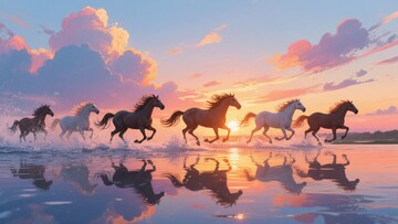 夕阳下群马在水面奔腾149