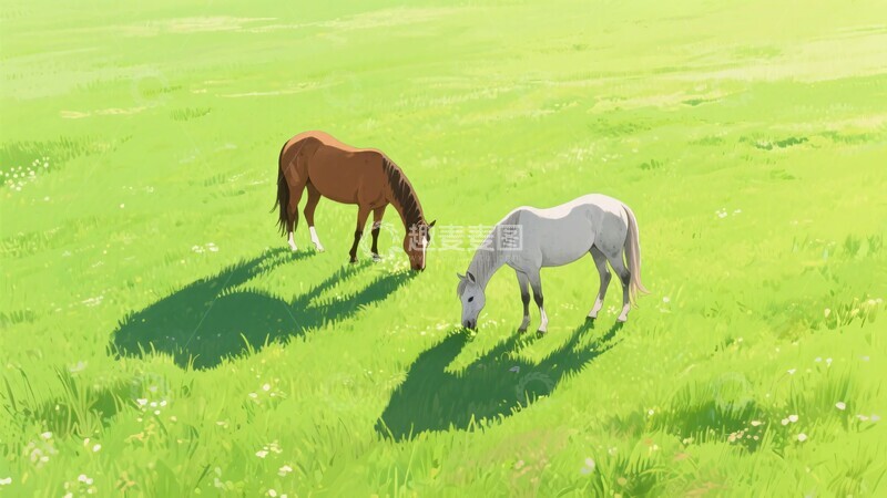 高清大图下载【趣麦麦图】草原上两匹马悠闲吃草329