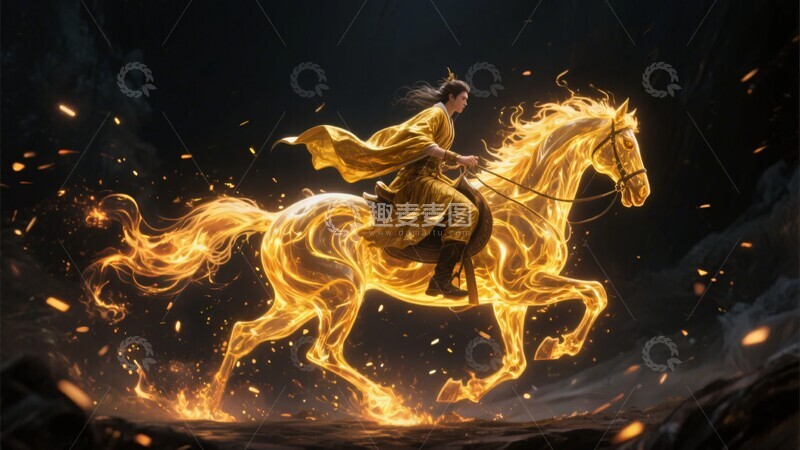 高清大图下载【趣麦麦图】骑手乘金色火焰马奔腾画面269