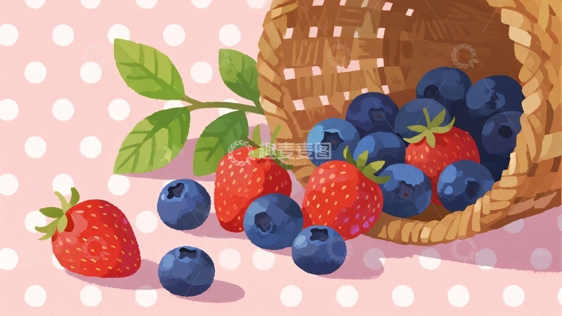 高清大图下载【趣麦麦图】插画中篮子旁的草莓与蓝莓015