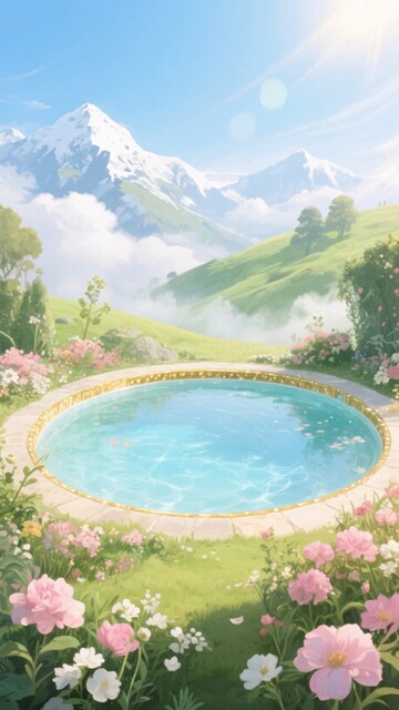 山间花簇环绕的清澈泳池美景617