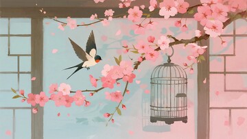 樱花枝上飞鸟与鸟笼景象990