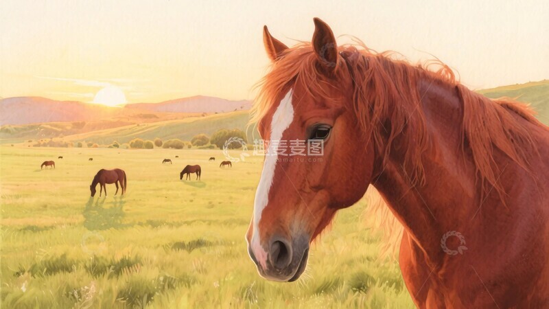 高清大图下载【趣麦麦图】-草原上的骏马与日落景象419