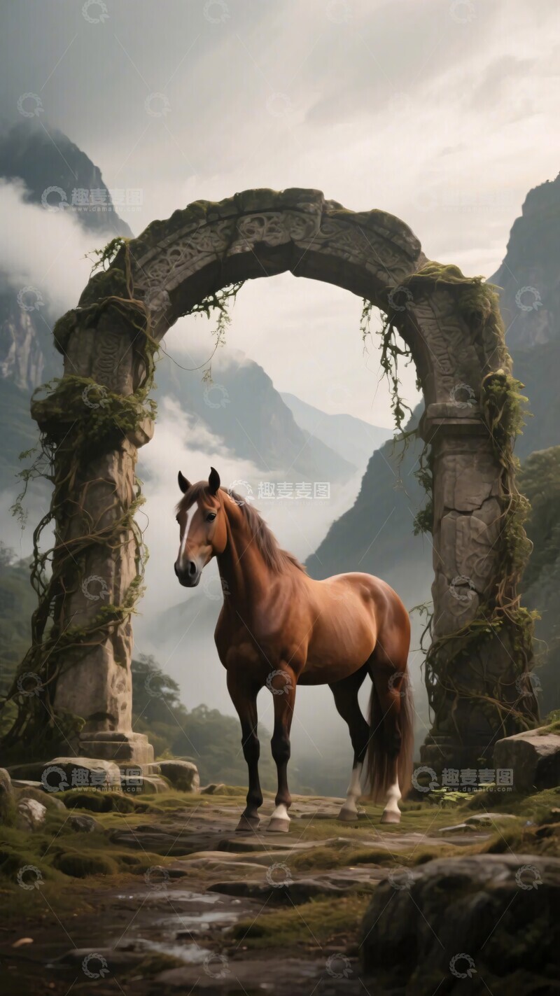 高清大图下载【趣麦麦图】-拱门前的骏马969