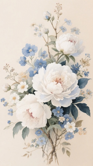 白色牡丹与蓝白花束插画845