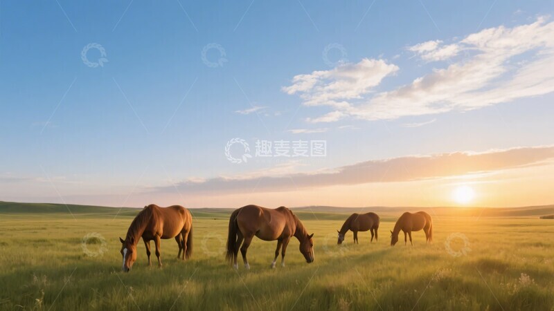 高清大图下载【趣麦麦图】草原上夕阳下的马匹854