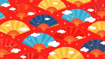 中式折扇云朵红色背景插画931
