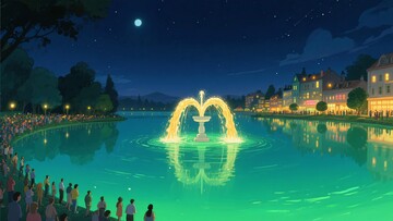夜晚湖畔喷泉景观734