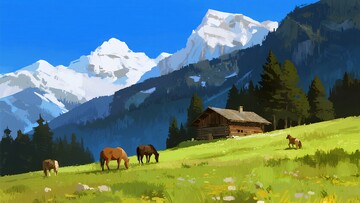 山间草原上的小屋与马匹风景762