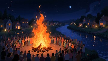 夜晚河边众人围篝火场景226