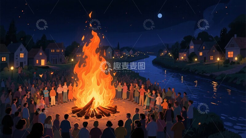 高清大图下载【趣麦麦图】-夜晚河边众人围篝火场景226