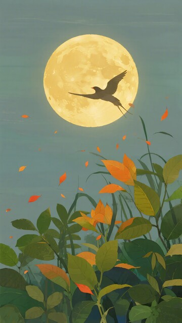月夜飞鸟与植物插画864