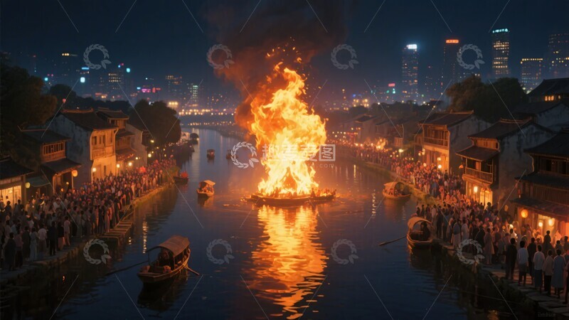 高清大图下载【趣麦麦图】-河畔夜中熊熊燃烧的火焰622