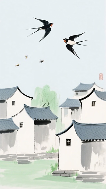 中式村落与飞翔燕子景象607