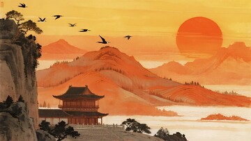 中式山水落日飞鸟图景781