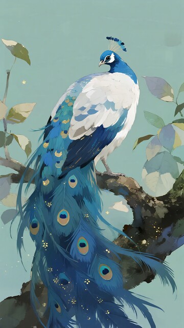 枝头栖息的蓝白孔雀插画313