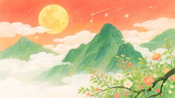 月夜山峦花卉插画754