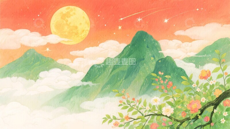 高清大图下载【趣麦麦图】-月夜山峦花卉插画754