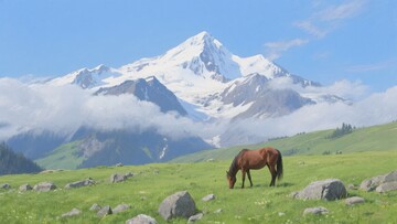 草原上骏马与雪山美景906