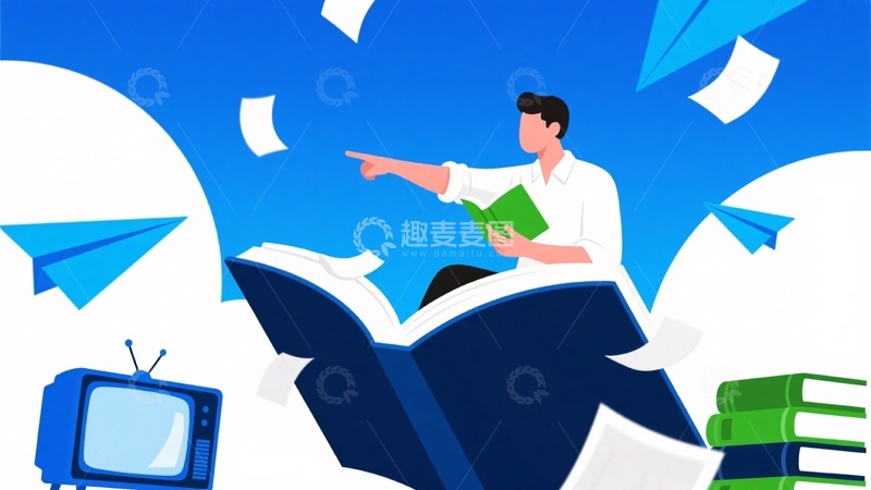 高清大图下载【趣麦麦图】-男子坐于书本上指向纸飞机956