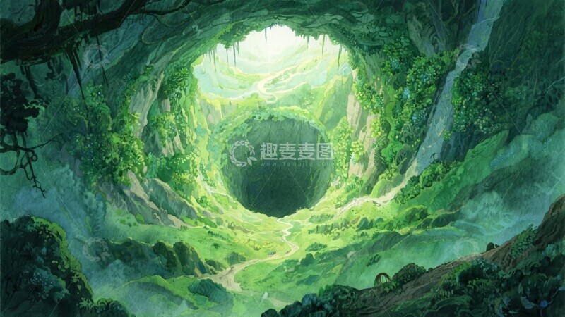 高清大图下载【趣麦麦图】-奇幻深洞绿色景观插画009
