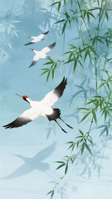 仙鹤竹林飞翔插画654
