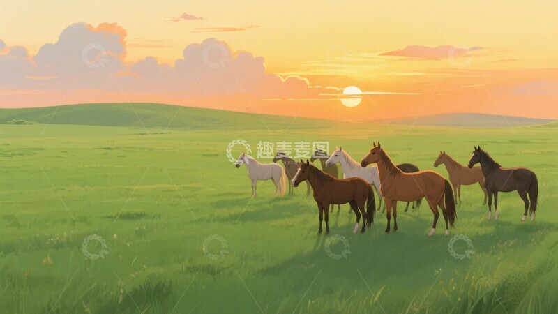 高清大图下载【趣麦麦图】-草原上群马沐浴夕阳美景305