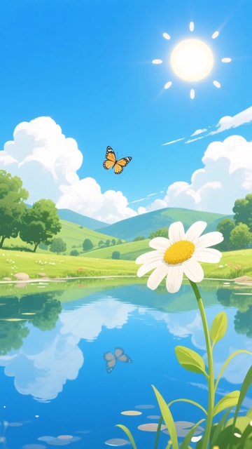夏日湖畔雏菊与蝶插画753