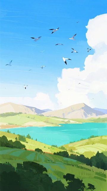 蓝天飞鸟下的山水风景669