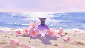 海边沙滩上的香水瓶与樱花172