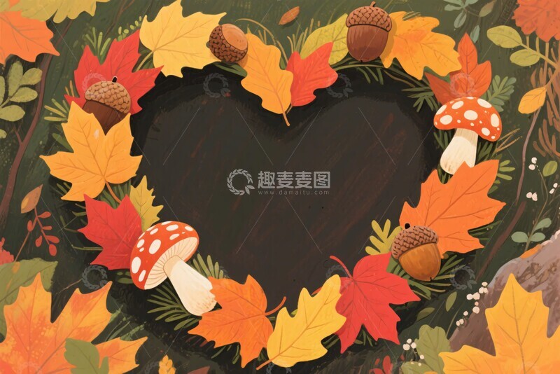 高清大图下载【趣麦麦图】-秋日心形树叶花环插画365
