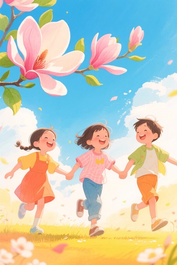 孩童春日牵手奔跑插画096