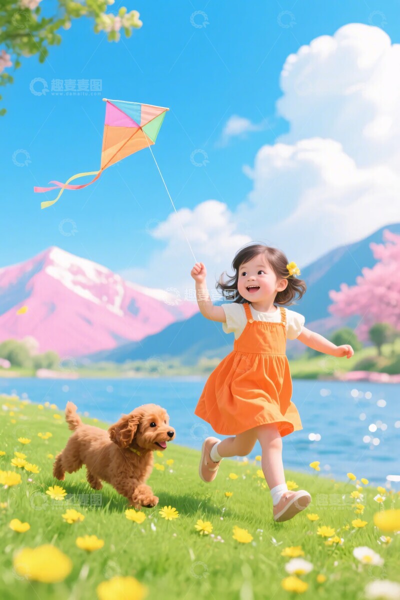 高清大图下载【趣麦麦图】-小女孩草地放风筝与小狗嬉戏781