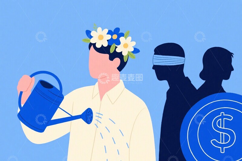 高清大图下载【趣麦麦图】-浇花人物与金钱符号插画223