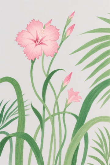 粉色花朵与绿叶插画520