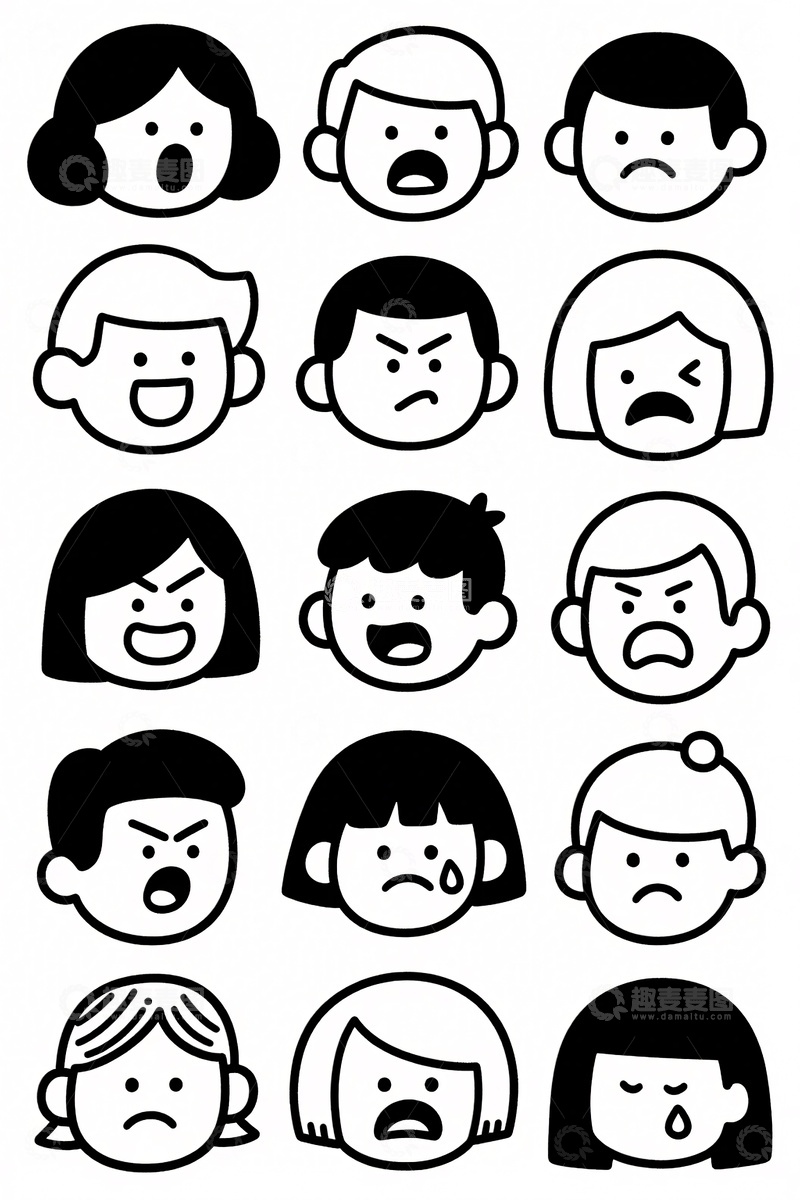 高清大图下载【趣麦麦图】黑白卡通人物表情集合573