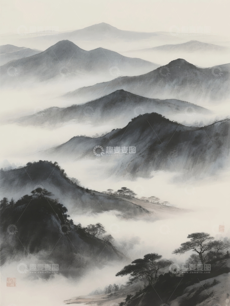 高清大图下载【趣麦麦图】山峦云海水墨画