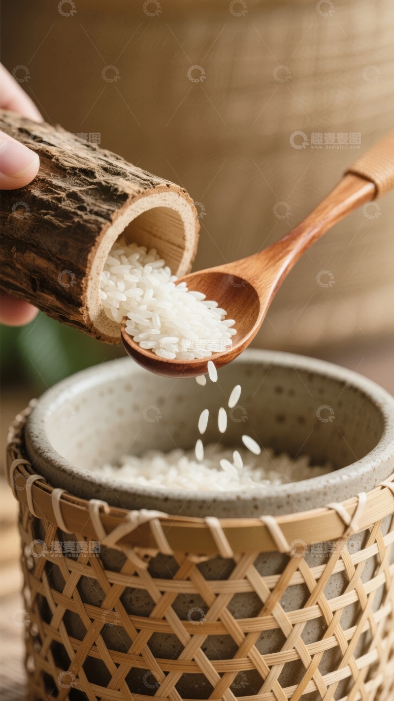 高清大图下载【趣麦麦图】用木勺从竹筒中倒米