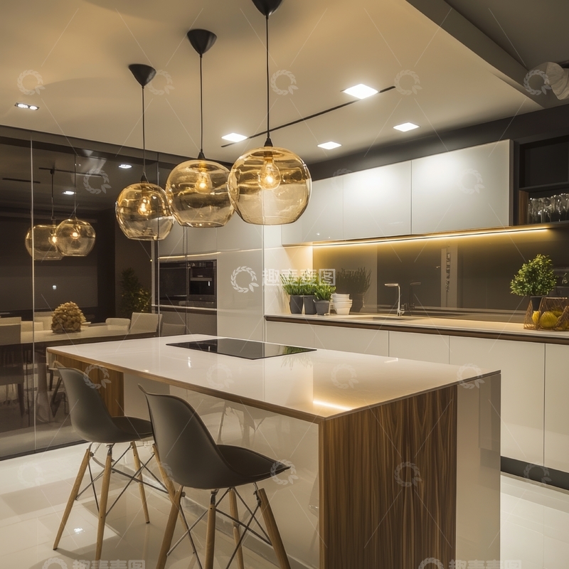 高清大图下载【趣麦麦图】现代厨房岛台与吊灯
