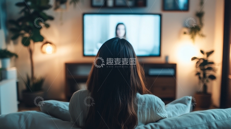 高清大图下载【趣麦麦图】女子在客厅看电视