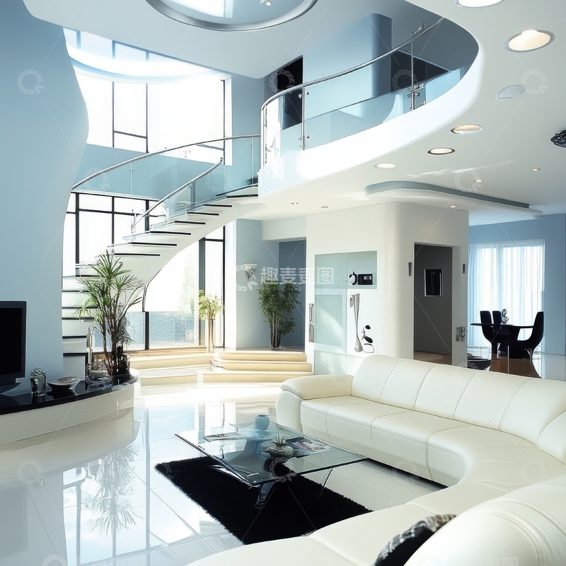 高清大图下载【趣麦麦图】现代豪华客厅与螺旋楼梯