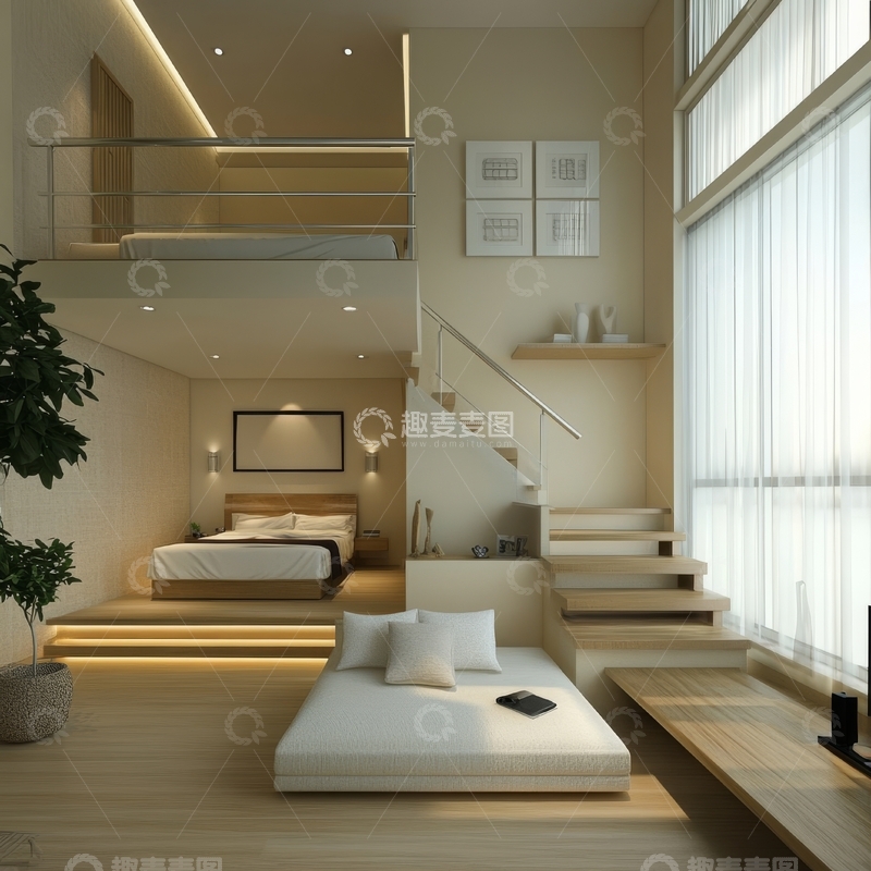 高清大图下载【趣麦麦图】现代简约风格的双层卧室