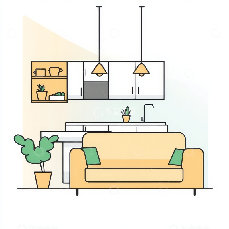 高清大图下载【趣麦麦图】现代厨房与沙发的室内设计