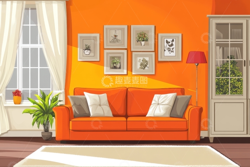 高清大图下载【趣麦麦图】-橙色客厅沙发与装饰画