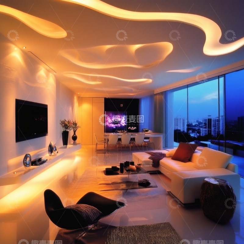 高清大图下载【趣麦麦图】现代客厅的夜晚灯光设计