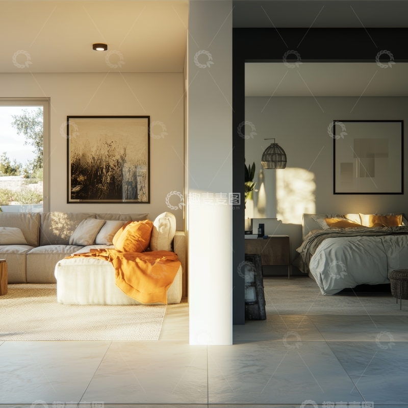 高清大图下载【趣麦麦图】现代客厅与卧室的开放式布局